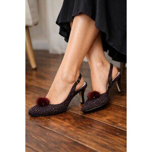 Cynthia Rowley Geist Tweed Slingback Heels Burgundy Pom Pom Kitten Heel Shoes